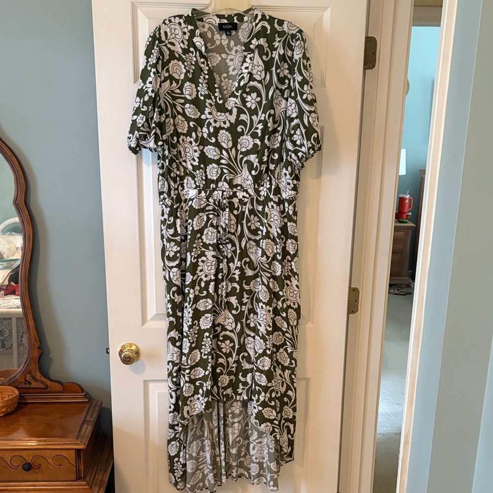 MSK Olive and Cream Floral High Low Dress